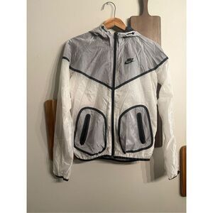 Nike White Silver Tech Hyperfuse Zip Hooded Ripstop Windbreaker Jacket Small